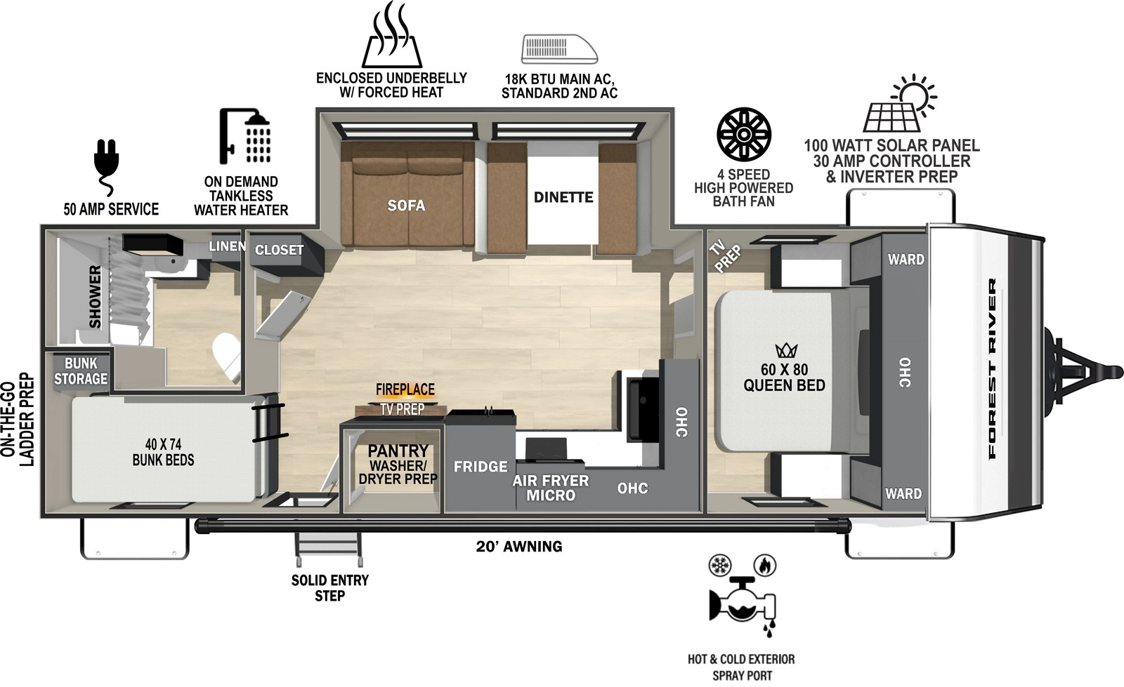 The Ibex Trail TRAIL26 floorplan has one entry and one slide out. Exterior features include: fiberglass exterior and 20' awning. Interiors features include: bunk beds and front bedroom.